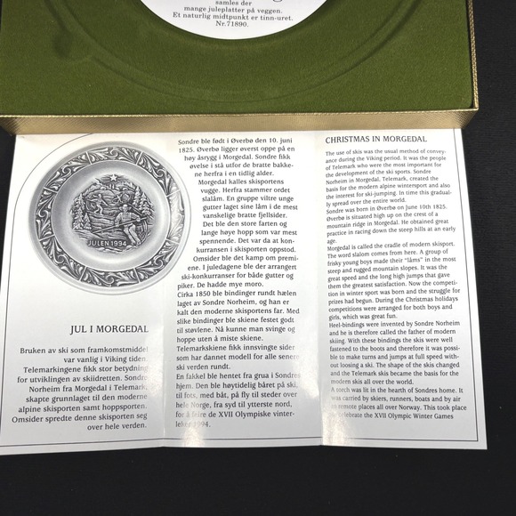 A. Holthe Norway Pewter Plate Julen 1994 Christmas Plate #22 "Jul I Morgedal" - Picture 9 of 15